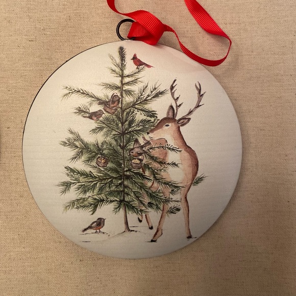 Large Christmas Tree, Deer, Cardinal & Birds Ornaments Set of 2, Red Ribbon Hook - Picture 3 of 12